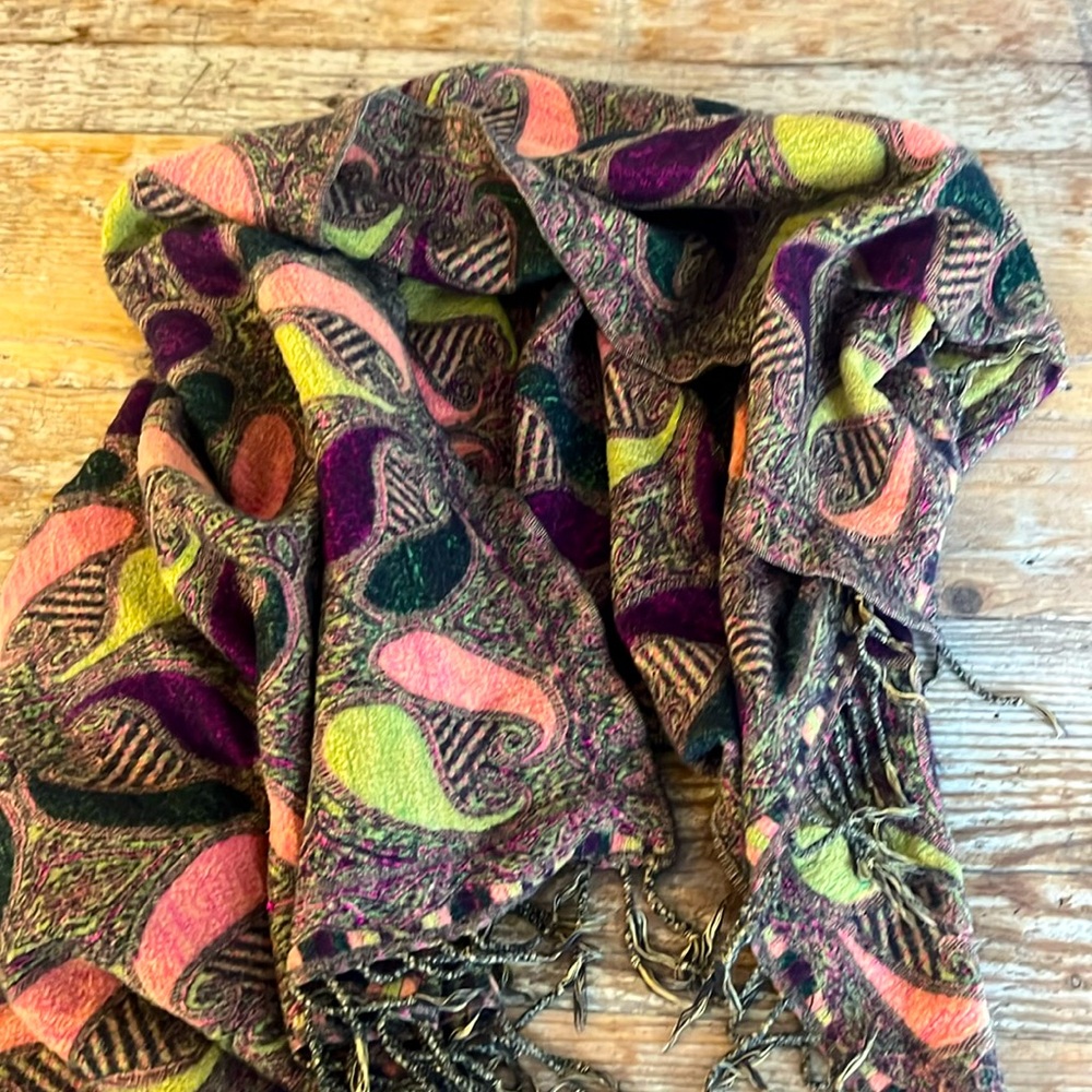 Large Paisley Scarf Drape Wrap Around Shoulders Deep Colors Soft Wool Feel